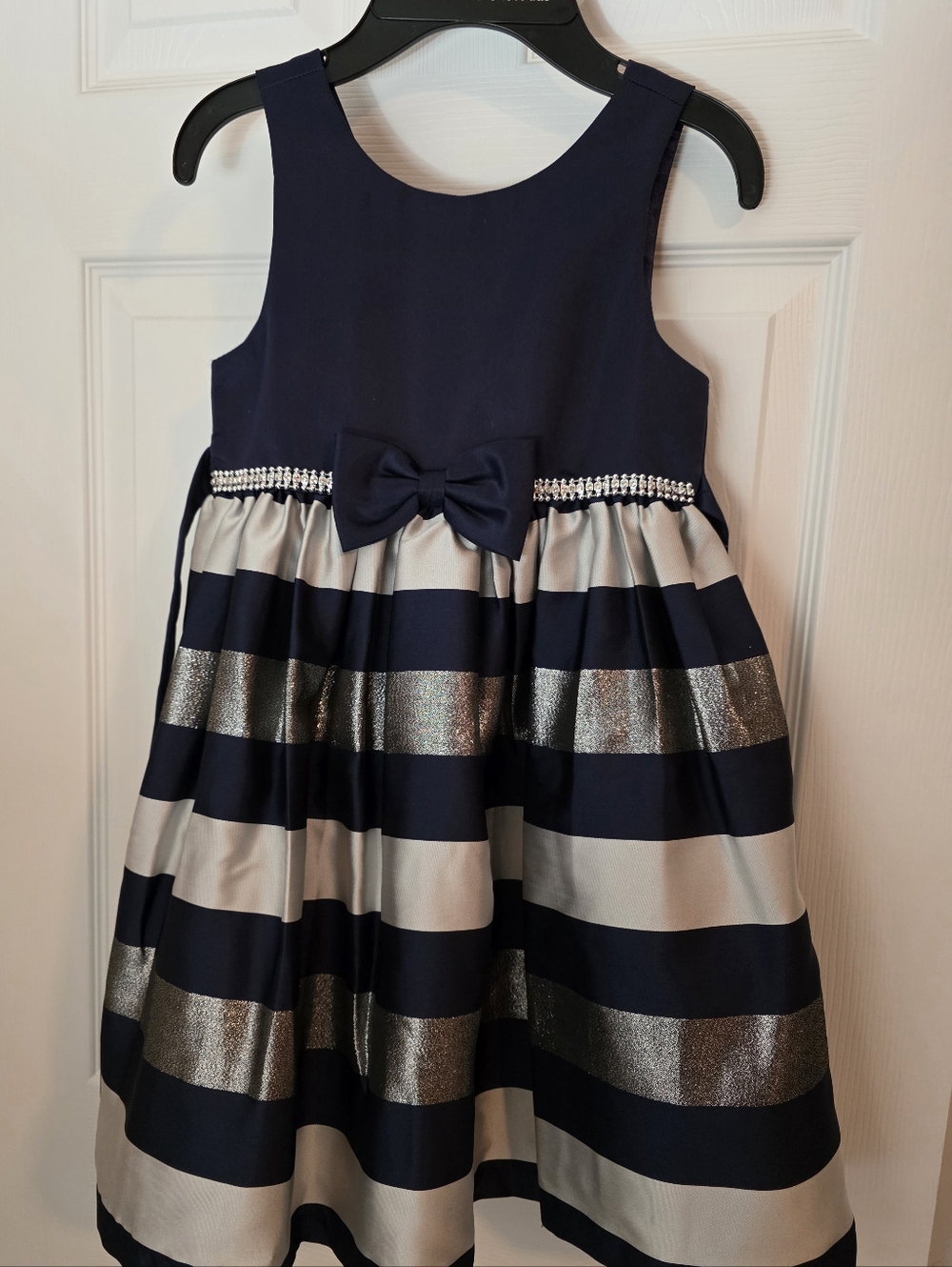 Navy and Silver Striped Bow-Accent Formal Dress for Girls